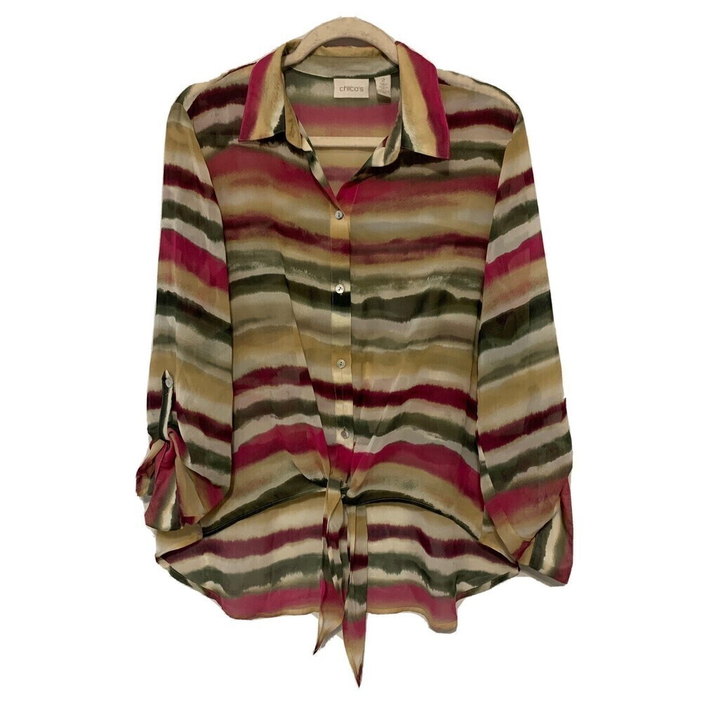 Chicos Womens Size Large Multicolor Ombre Stripe Button Up Sheer Shirt